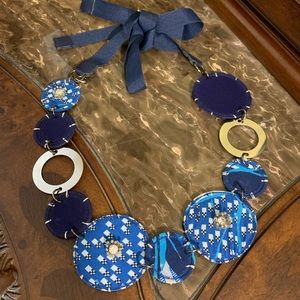 Statement Silver Blue Fabric Ribbon Necklace